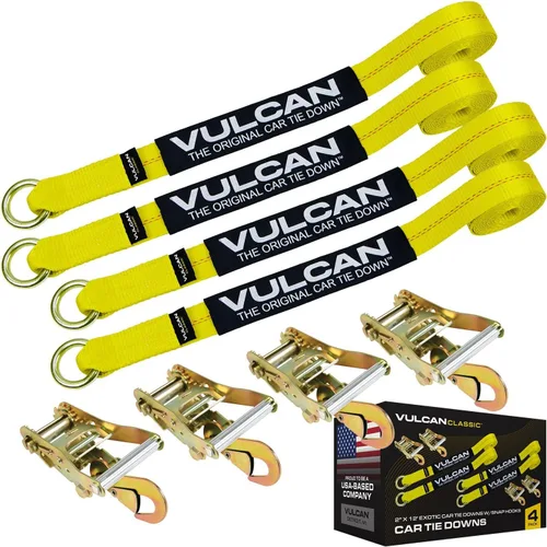 VULCAN Sistema de amarre de llantas de automóvil con trinquetes, 2 x 144 pulgadas, paquete de 4, amarillo clásico, carga de trabajo segura de 3,300