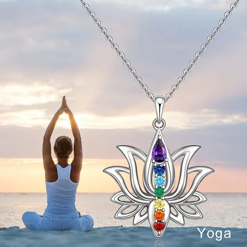 Miniatura 4 de Jewlikee Collar de 7 chakras colgante de loto plata de ley para yoga chakras piedra curativa collares para mujer equilibrio energético Plata