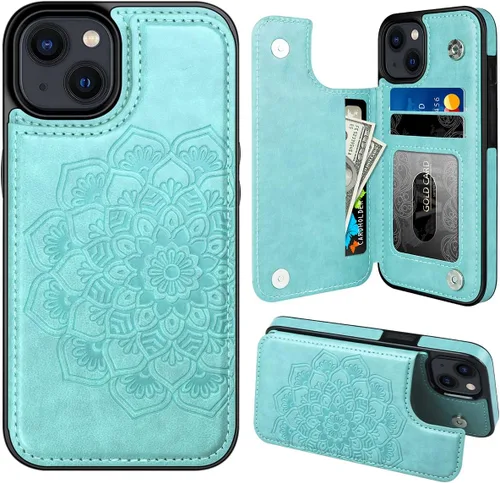 Miniatura 22 de MMHUO Funda para iPhone 14 con tarjetero y parte trasera magnética de flores para iPhone 14, funda protectora para iPhone 14, color oro rosa