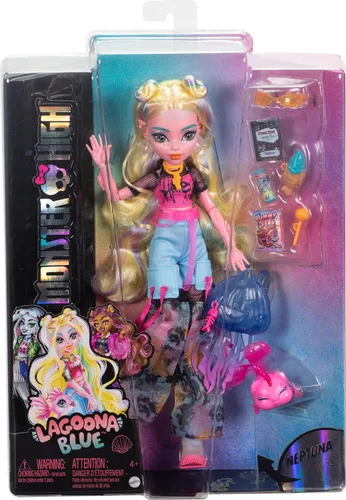 Miniatura 6 de Monster High Muñeca Lagoona Blue en camiseta de malla y pantalones cargo, incluye pez mascota Neptuna y accesorios como una mochila, un refrigerio