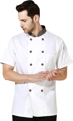 Abrigo de chef con costuras de color para hombre, cuello alto, manga corta, chaqueta de chef de doble botonadura con 2 bolsillos, uniforme de chef