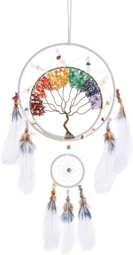 Miniatura 17 de Árbol de la vida negro de 7 chakras, decoración de pared con piedra de cristal curativo arco iris, hecho a mano, plumas, atrapasueños, adorno