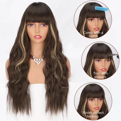 Miniatura 3 de ORSUNCER - Pelucas largas y onduladas con flequillo para mujer, peluca ombré, cabello sintético ondulado, para mujeres de piel oscura y blanca