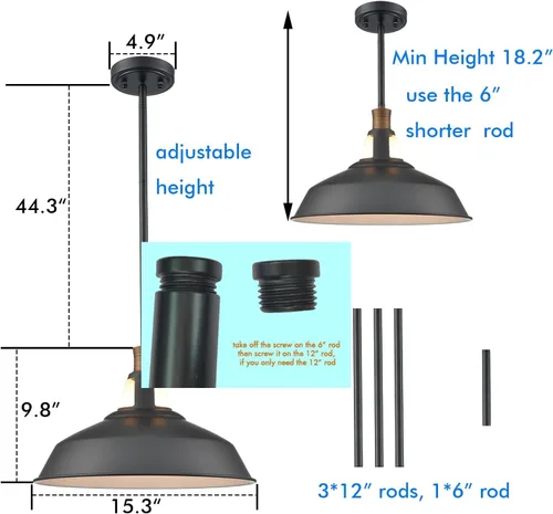 Miniatura 3 de CLAXY - Lámpara colgante negra para granja, barra colgante de granero Dimmable E26 Indoor Kitchen Hanging Pendant Light Fixture-15.3" Diameter