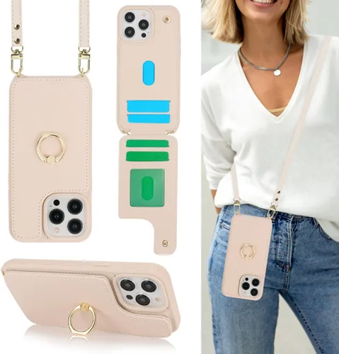 Miniatura 12 de Lipvina Funda para iPhone 14 Plus con tarjetero y correa para mujer, cordón cruzado, bloqueo RFID, soporte de anillo de soporte, cierre a presión