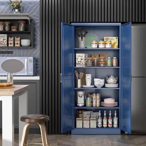 Miniatura 4 de SteeLoong - Gabinete de despensa de cocina, gabinetes de almacenamiento de despensa de metal azul de 71" con puertas y 4 estantes ajustables