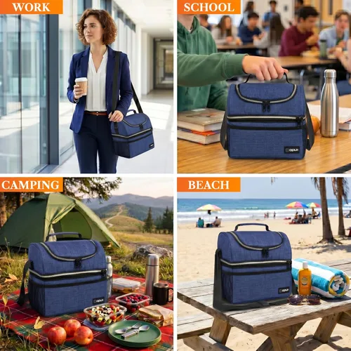 Miniatura 7 de OPUX Lonchera para hombres y mujeres, lonchera grande aislada para adultos, trabajo, doble lonchera de dos niveles, preparación de comidas, Azul