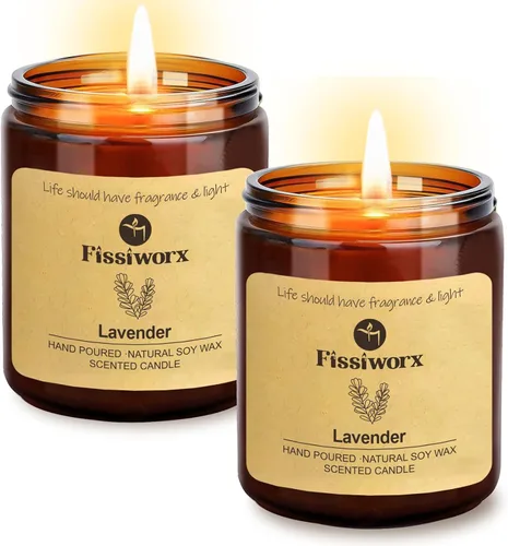 Fissiworx Juego de 2 velas perfumadas de lavanda, cera de soja natural vertida a mano, 60 horas de combustión de larga duración, relaja y alivia el
