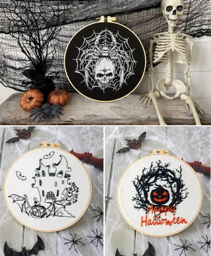 Miniatura 4 de Armindou Kit de bordado de Halloween para principiantes y adultos, kit de punto de cruz estampado para adultos principiantes, kit de bordado a mano