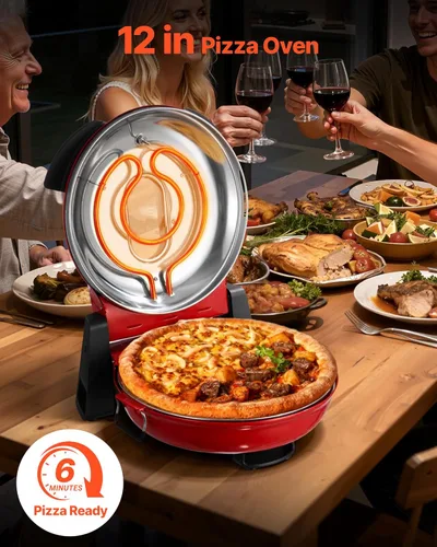 Miniatura 2 de VEVOR Horno para pizza, máquina eléctrica de pizza de 12 pulgadas, cocina de encimera de 1200 W con piedra de cordierita, perilla de control de Rojo