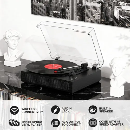 Miniatura 9 de Tocadiscos de vinilo con Bluetooth y altavoces estéreo integrados, tocadiscos vintage de 3 velocidades con parada automática, salida RCA y entrada