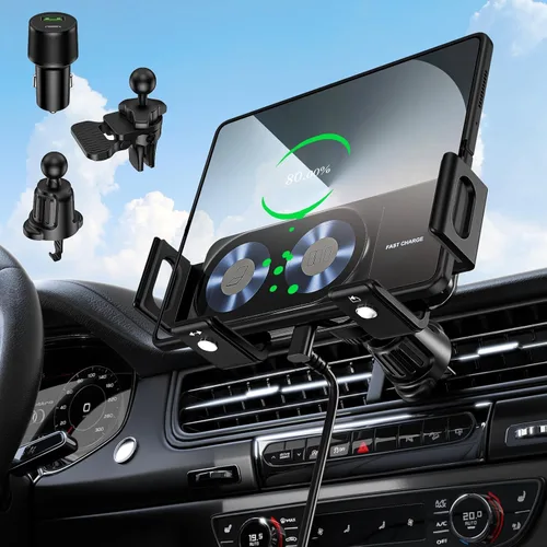 Soporte inalámbrico para cargador de coche, 15 W, doble bobina de un solo toque, soporte giratorio para teléfono de coche, cargador inalámbrico para