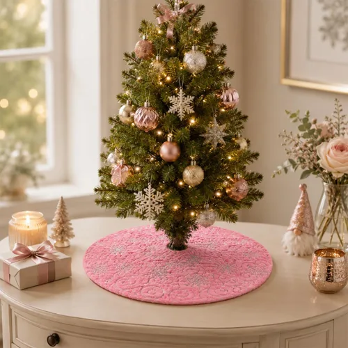 Miniatura 21 de Faldones de Felpa para Árbol de Navidad, 24 pulgadas, Lujosa Cubierta de Base de Árbol de Navidad de Piel Sintética Negra con Copos de Nieve Dorados