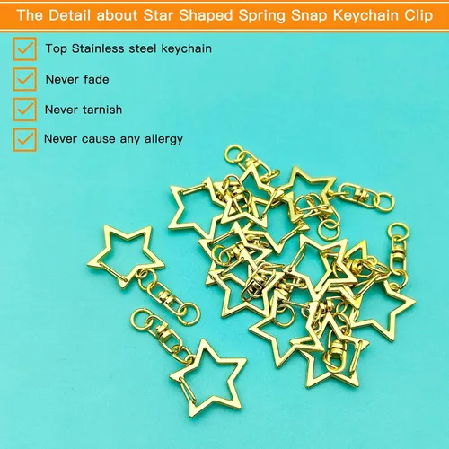 Miniatura 3 de 60 piezas de clip de llavero dorado en forma de estrella, cierre giratorio de metal con hebilla colgante de cadena con conector de anillo abierto