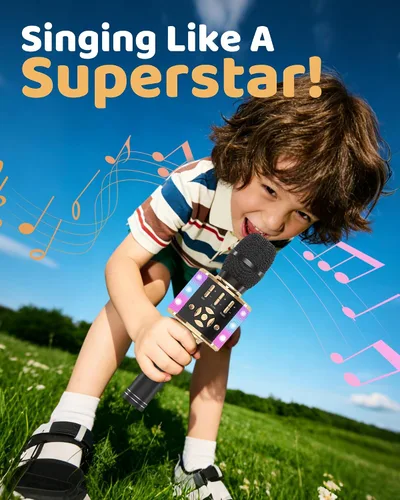 Miniatura 3 de Amazmic Máquina de Micrófono de Karaoke para Niños, Micrófono Bluetooth Portátil, Micrófono de Karaoke Inalámbrico de Mano con Luces LED, Regalo