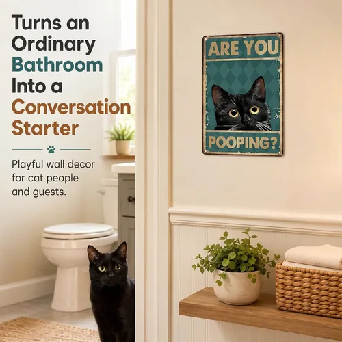 Miniatura 8 de Cartel de decoración de baño de gato negro divertido de 8 x 12 pulgadas, arte de pared de metal, letrero de "Are You Pooping", letrero de baño