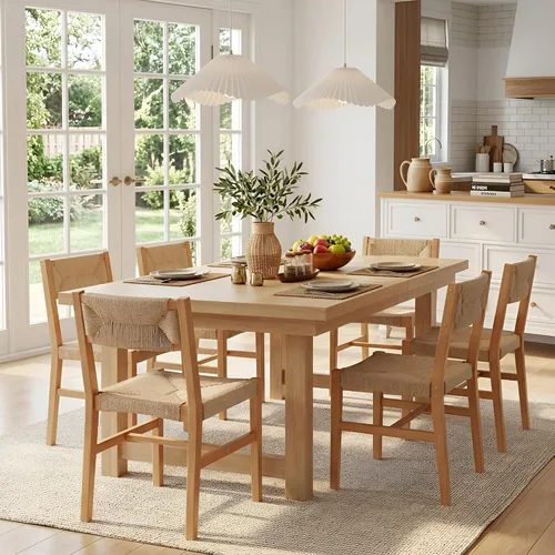 Miniatura 14 de Juego de 2 sillas de comedor de ratán modernas de mediados de siglo, sillas de cocina de madera de haya negra, sillas de comedor tejidas de granja