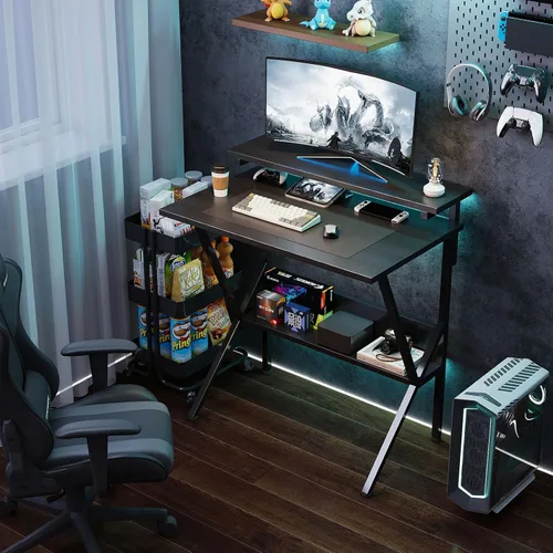 Miniatura 2 de COTUBLR Escritorio pequeño, escritorio de computadora pequeño de 27.5 pulgadas para espacios pequeños, escritorio de computadora con soporte Negro