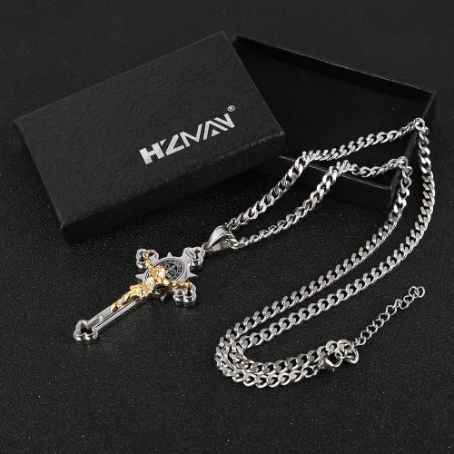 Miniatura 5 de HZMAN Religión Acero Inoxidable Saint St Benedict Crucifijo Cruz Colgante Collar INRI
