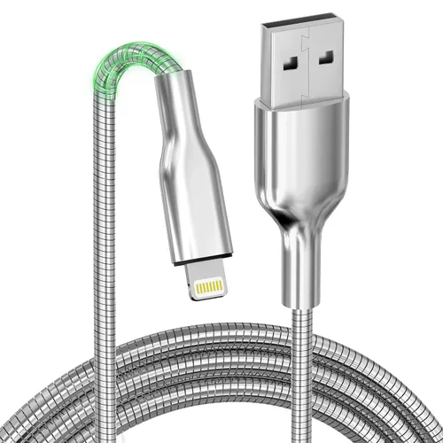 Cable USB a Lightning de 6.6 pies a prueba de mordidos, cable de carga para iPhone a prueba de perros y gatos, cable de carga para iPhone plateado