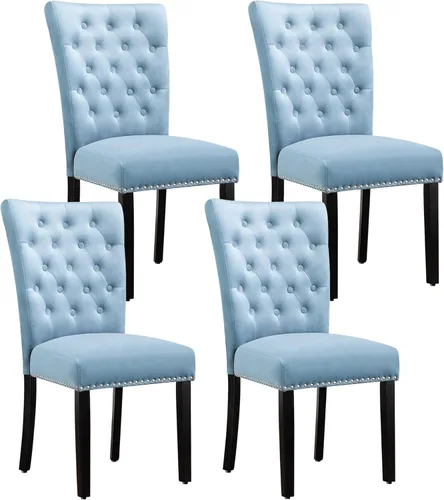 Miniatura 16 de Juego de 4 sillas de comedor de cocina de terciopelo, silla de comedor tapizada Parsons, silla decorativa de madera con ribete clavado, azul