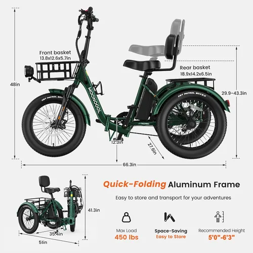 Miniatura 2 de MOONCOOL Triciclo eléctrico plegable para adultos, E-Trike de aluminio de 20 pulgadas con función de marcha atrás y opciones de largo alcance, Plata
