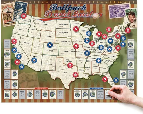 Miniatura 4 de Map Your Travels Ballpark Travel Quest Scratch Off Map Print Incluye tubo de envoltura de regalo Incluye herramienta para raspar