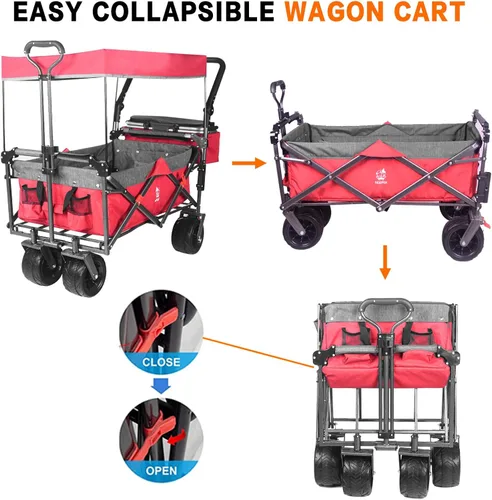 Miniatura 5 de Carro plegable con toldo extraíble y bolsa enfriadora, carrito plegable resistente con ruedas todo terreno de 4 pulgadas para campamento, playa, Rojo