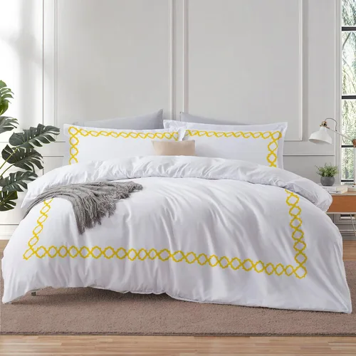 Miniatura 15 de BedDecor: Enchanted Oasis - Juego de funda de edredón de 3 piezas de 600 hilos de algodón egipcio con bordado de cuadrifolio, ultra suave