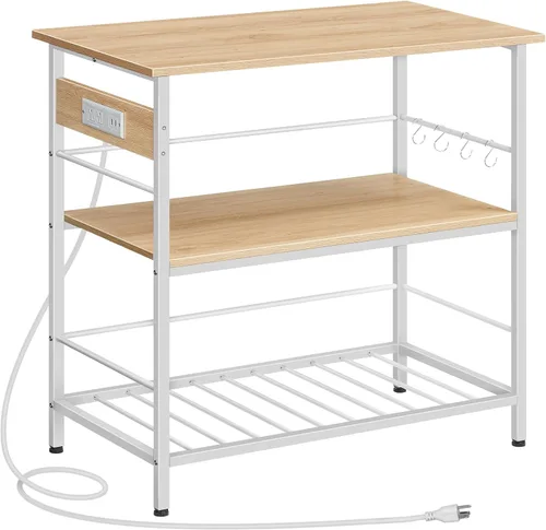 HOOBRO Isla de cocina con almacenamiento, mesa de isla de cocina con toma de corriente, estación de café de 3 niveles y soporte para microondas,