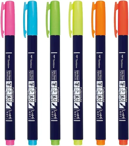 Miniatura 3 de Tombow 56437 Fudenosuke Neon Brush Pen, paquete de 6 bolígrafos de punta dura Fudenosuke en varios colores neón para caligrafía y dibujos artísticos