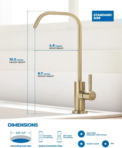 Miniatura 5 de WEWE Grifo de agua potable, grifo de filtro de agua de cocina sin plomo para ósmosis inversa o sistema de filtración de agua, grifo RO, dorado