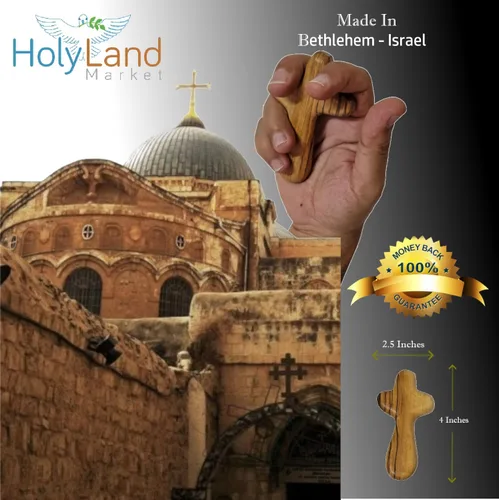 Miniatura 8 de Holy Land Market Cruz de comodidad/sujeción también conocida como cruz de palma o mano con bolsa de terciopelo y dos certificados (4 pulgadas) (1)