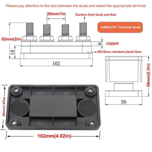 Miniatura 6 de Barra de bus de cobre de 12 V 300 A con 4 pernos de batería de 5/16 pulgadas, bloques de distribución de energía, barra colectora marina, barra