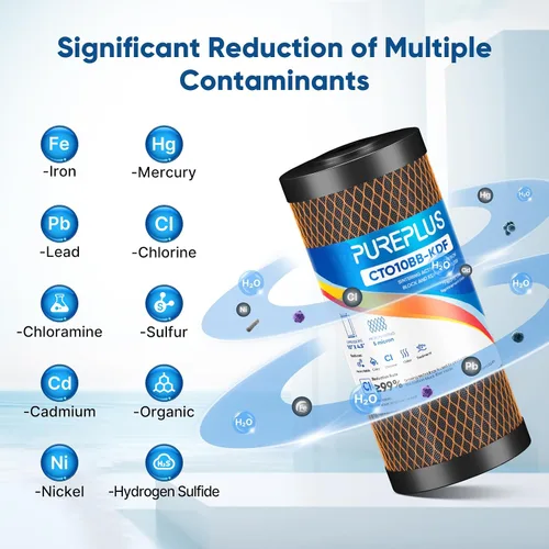 Miniatura 6 de PUREPLUS Paquete de 3 filtros de agua para toda la casa de 10 x 4.5 pulgadas de 5 micrones, 2 unidades de reducción de olor a cloro CTO + 1 filtro