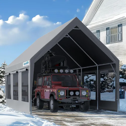 Miniatura 9 de Quictent Cochera resistente para 2 autos de 20 x 20 pies, refugio de almacenamiento impermeable con puertas laterales con cremallera, cables de Gris