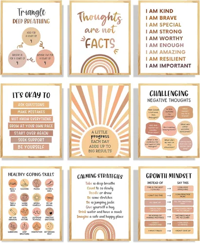 AnyDesign 9 pósteres de salud mental de 11 x 14 pulgadas, póster bohemio de psicología motivacional, terapia de ansiedad, lienzo sin marco, arte de