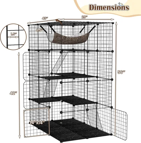 Miniatura 4 de Tangkula Jaula para Gatos de Interior, Recinto Grande para Gatos de 4 Niveles de 56" con Tragaluz, Hamaca, 3 Escaleras, Perrera de Alambre Metálico