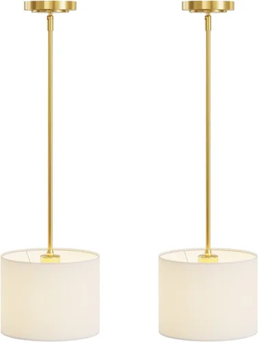 Miniatura 3 de Electro bp; Lámpara colgante con pantalla de tambor de lino blanco de 9 pulgadas de diámetro con kit de poste dorado pulido, E26, cableado, paquete