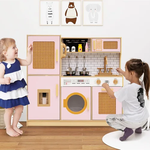 Miniatura 8 de Costzon Juego de cocina para niños, juguete Montessori de madera para niños pequeños con puerta de ratán, luz y sonido, dispensador de agua, Ratán