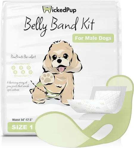 WICKEDPUP Kit de banda para el vientre para perro macho, 50 almohadillas de pañales y 1 envoltura reutilizable para macho (talla 1 (cintura de