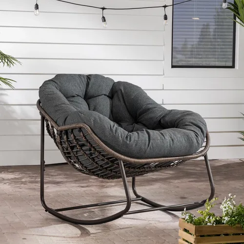 Miniatura 14 de Mecedora de gran tamaño para interiores, cómoda silla mecedora de pana con cojín grueso y marco, silla mecedora grande de mimbre para sala de estar