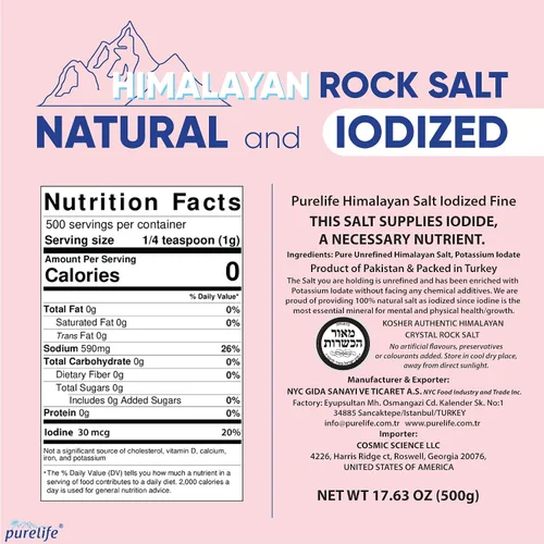 Miniatura 2 de Purelife Sal del Himalaya rosa yodada fina natural certificada Kosher – Sal sin refinar 1.1 libras y sal del Himalaya Purelife blanca gruesa Kosher