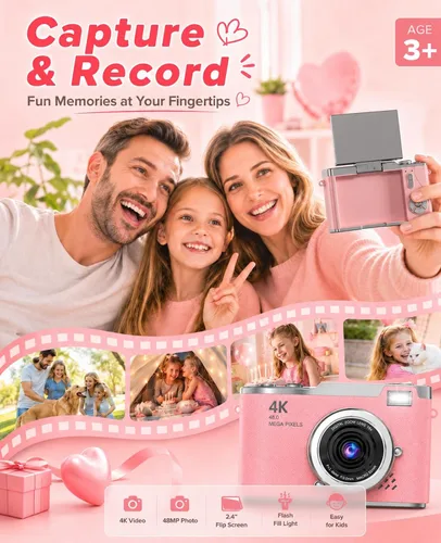 Miniatura 3 de Cámara digital para niños, cámara digital 4K para fotografía, cámara selfie de video HD 1080P de 48MP, con pantalla giratoria de 180° y flash