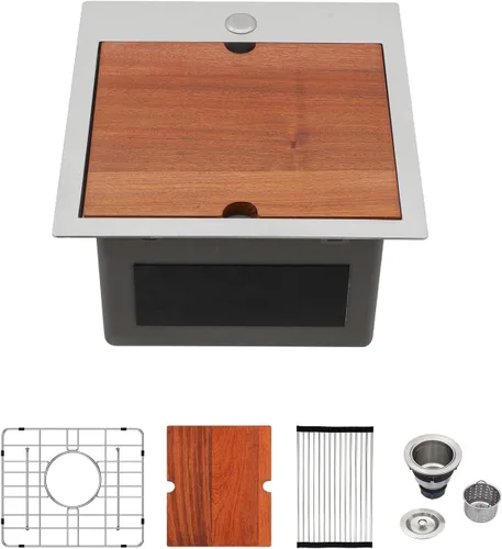 Miniatura 30 de Logmey 18 Fregadero de Barra de 18 Pulgadas, Fregadero de Barra de Montaje Superior, Fregadero de Barra Pequeño Hecho a Mano de 18x18 Pulgadas