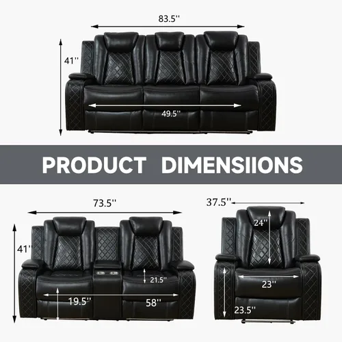 Miniatura 5 de Juego de sofá reclinable eléctrico, sofá reclinable de cuero de aire con LED/portavasos/almacenamiento, 2 muebles de sala de estar, sofá de cuero