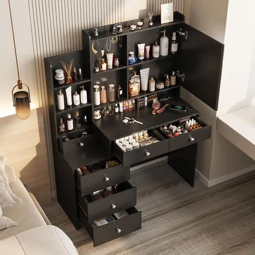 Miniatura 2 de Vabches Escritorio de tocador con espejo y luces, tocador de maquillaje con 6 cajones y estantes, tocador con toma de corriente, escritorio