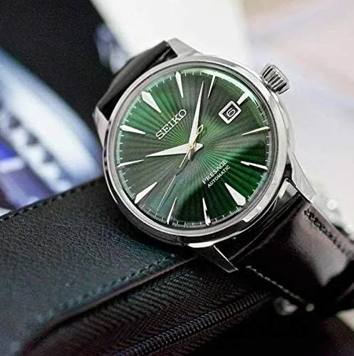 Miniatura 2 de SEIKO Mens PRESAGE 'Mockingbird' Cocktail Dial verde con reloj de cuero marrón SRPD37J1, Blanco, Moderno