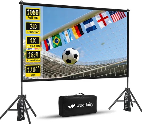 Wootfairy Pantalla de proyector de 120 pulgadas con soporte: Pantalla de cine portátil plegable para interiores y exteriores, 16:9 4K HD, sin