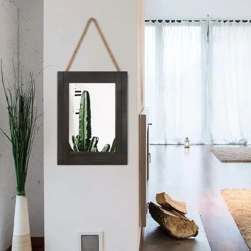 Miniatura 6 de Espejo de pared rectangular para baño, decoración de madera blanca envejecida con cuerda para colgar para decoración rústica del hogar, tocador